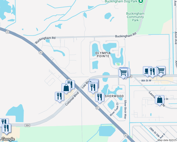 map of restaurants, bars, coffee shops, grocery stores, and more near 8695 Pegasus Drive in Lehigh Acres