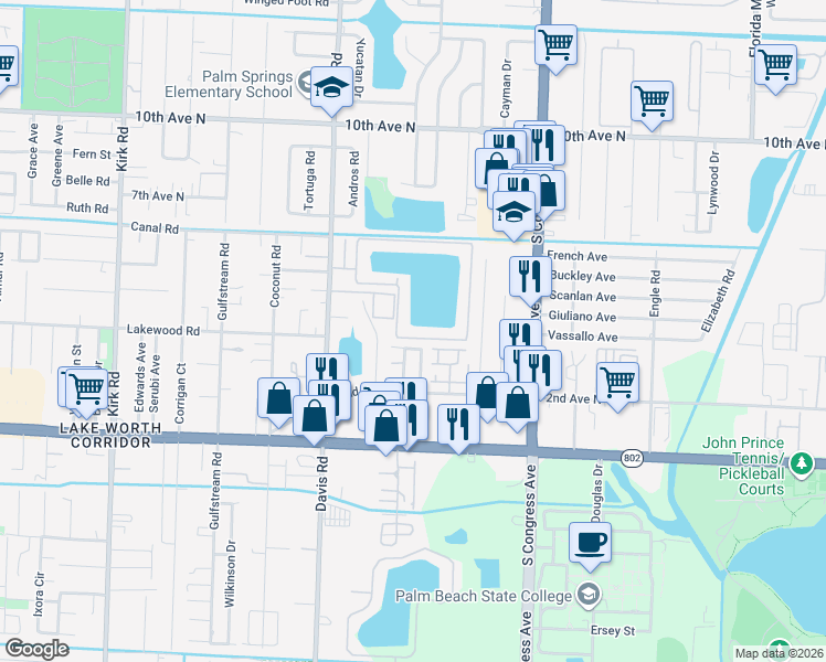 map of restaurants, bars, coffee shops, grocery stores, and more near 4803 Waterview Circle in Palm Springs