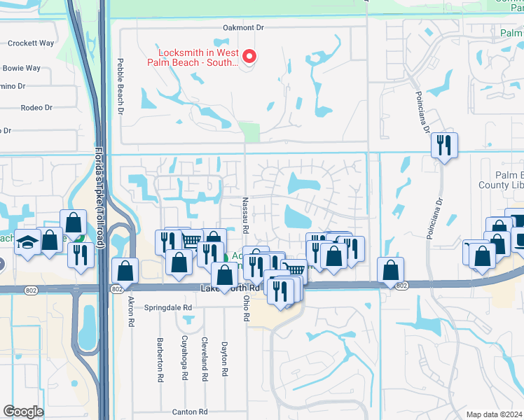 map of restaurants, bars, coffee shops, grocery stores, and more near 893 Worcester Lane in Lake Worth
