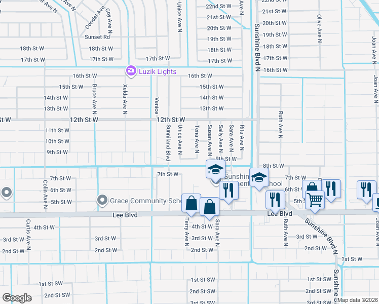 map of restaurants, bars, coffee shops, grocery stores, and more near 3509 9th Street West in Lehigh Acres