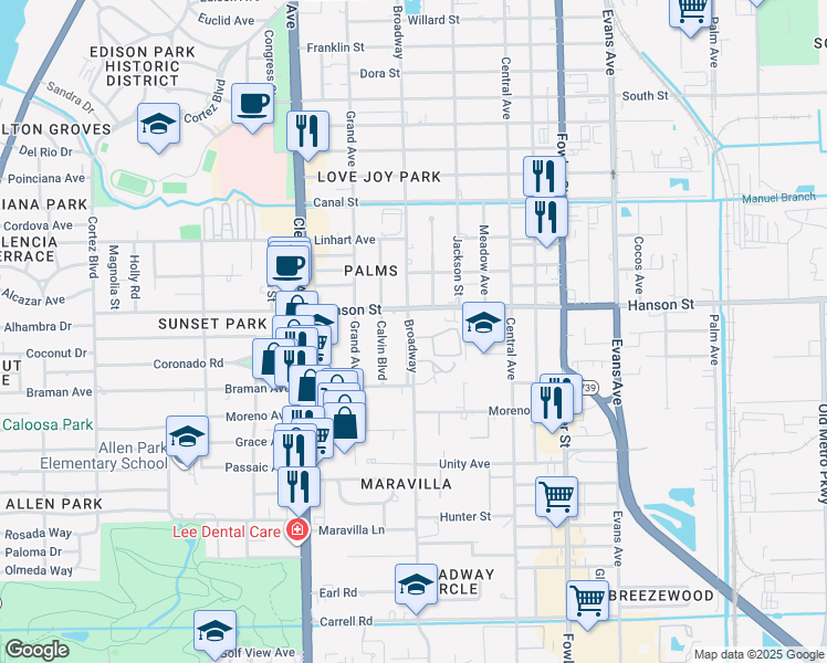 map of restaurants, bars, coffee shops, grocery stores, and more near 3008 Broadway in Fort Myers