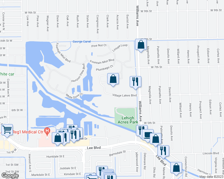 map of restaurants, bars, coffee shops, grocery stores, and more near 1236 Village Lakes Boulevard in Lehigh Acres