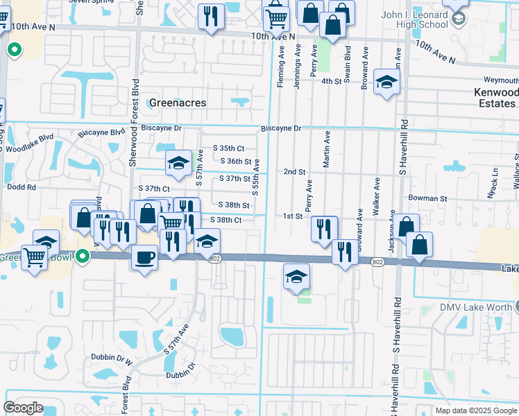map of restaurants, bars, coffee shops, grocery stores, and more near 3810 South 55th Avenue in Greenacres
