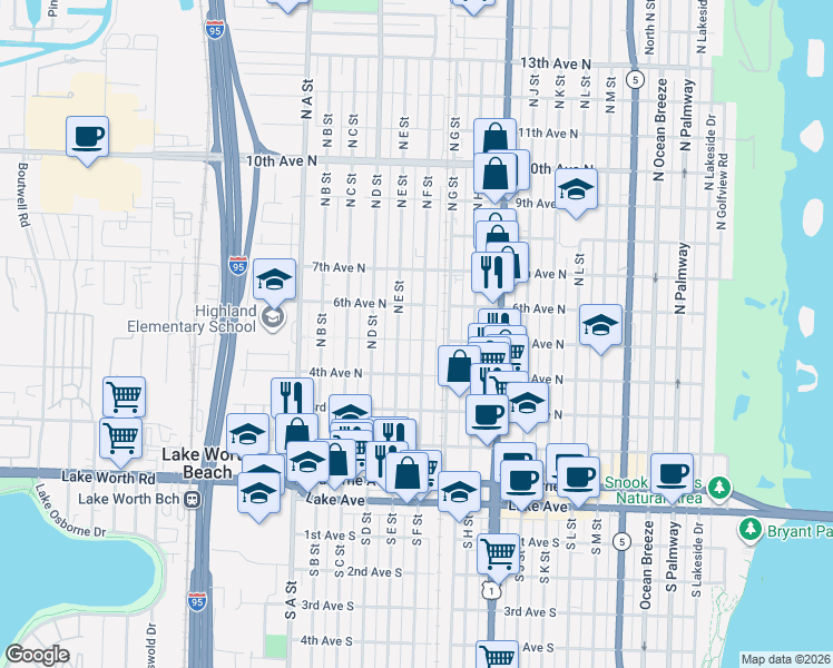 map of restaurants, bars, coffee shops, grocery stores, and more near 512 North E Street in Lake Worth