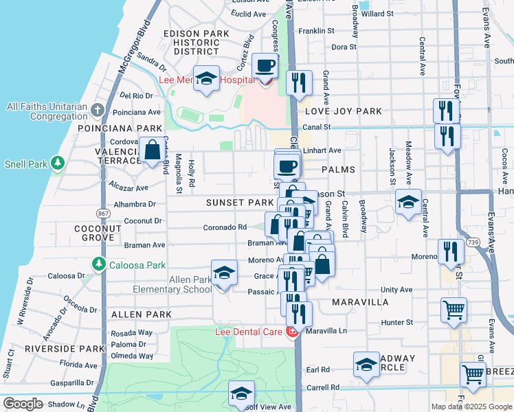 map of restaurants, bars, coffee shops, grocery stores, and more near 1857 Sunset Place in Fort Myers