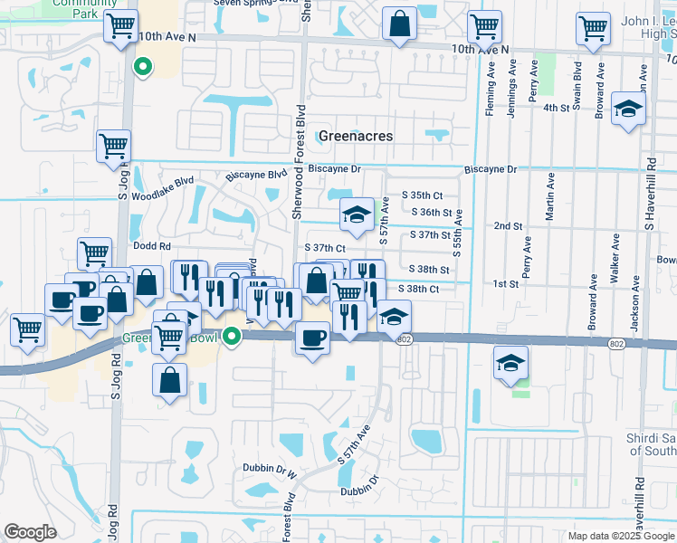 map of restaurants, bars, coffee shops, grocery stores, and more near 5824 South 38th Street in Greenacres