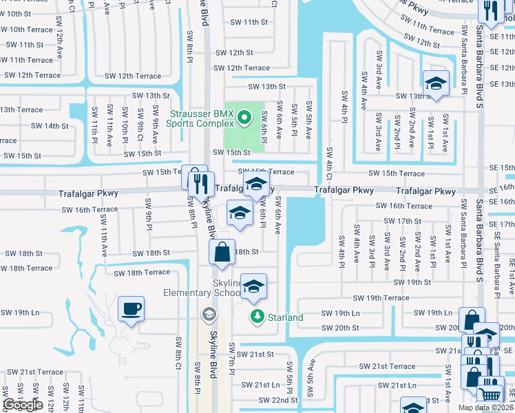 map of restaurants, bars, coffee shops, grocery stores, and more near 624 Trafalgar Parkway in Cape Coral