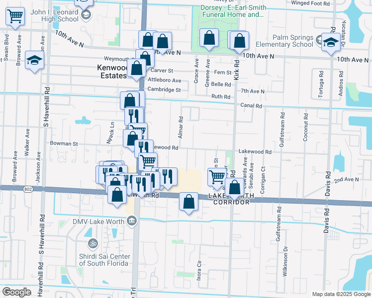 map of restaurants, bars, coffee shops, grocery stores, and more near 3739 Laurette Lane in Lake Worth