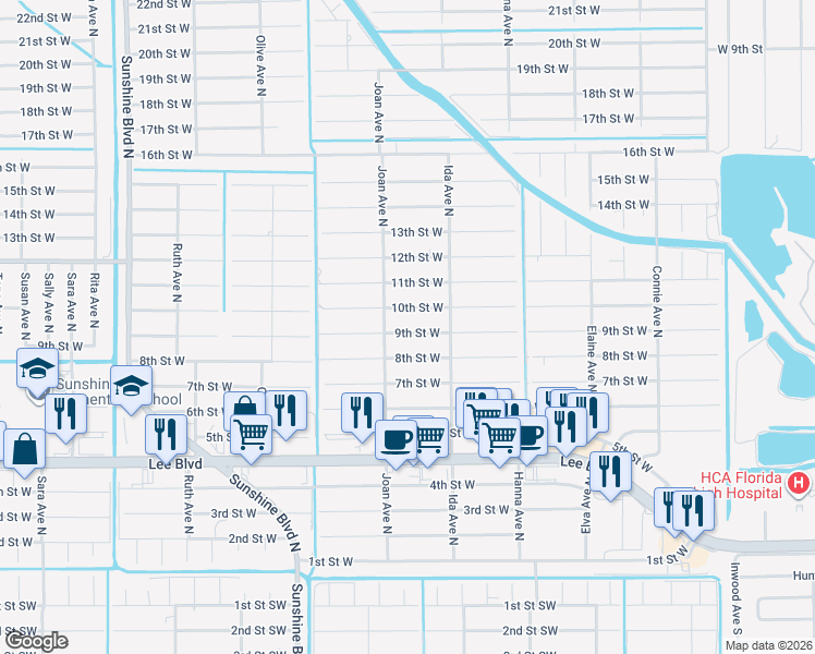 map of restaurants, bars, coffee shops, grocery stores, and more near 2912 9th Street West in Lehigh Acres