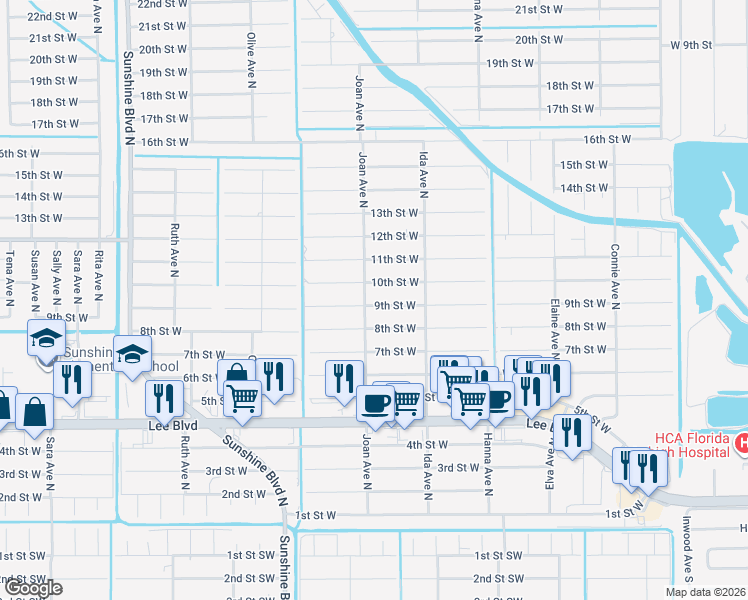 map of restaurants, bars, coffee shops, grocery stores, and more near 2912 9th Street West in Lehigh Acres