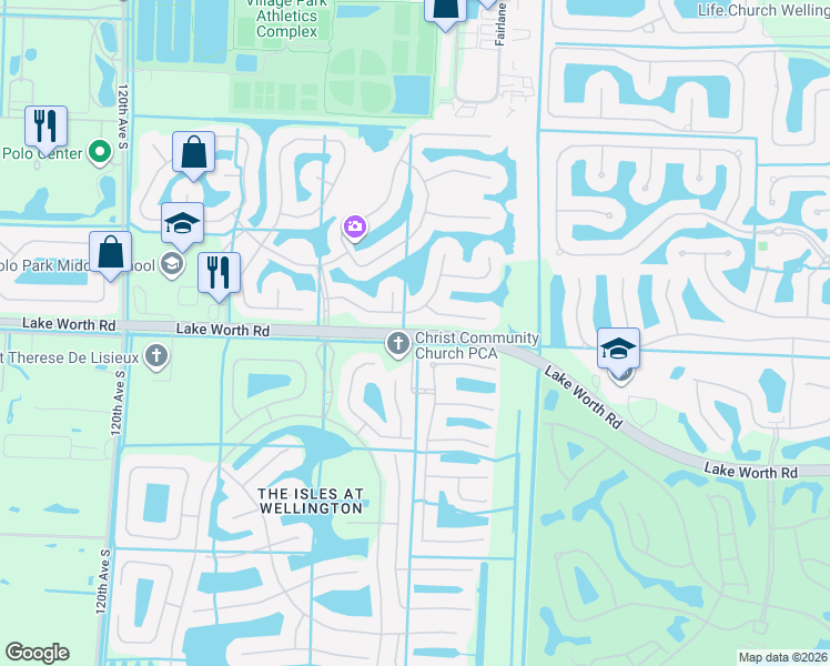 map of restaurants, bars, coffee shops, grocery stores, and more near Lake Worth Rd & Barefoot Lake Dr in Wellington