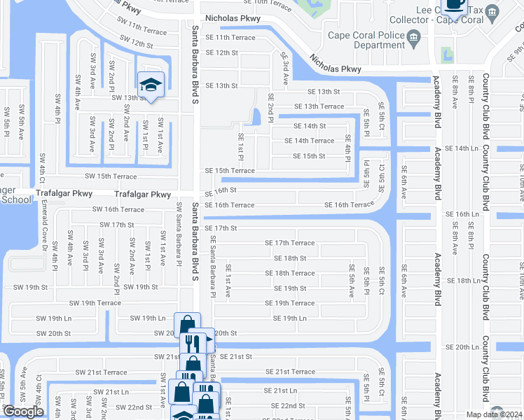 map of restaurants, bars, coffee shops, grocery stores, and more near 162 Southeast 16th Terrace in Cape Coral