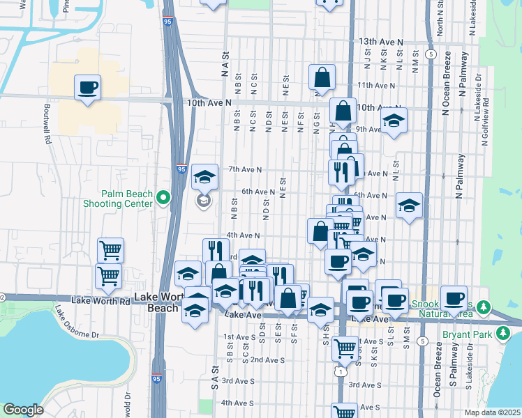 map of restaurants, bars, coffee shops, grocery stores, and more near 507 North D Street in Lake Worth