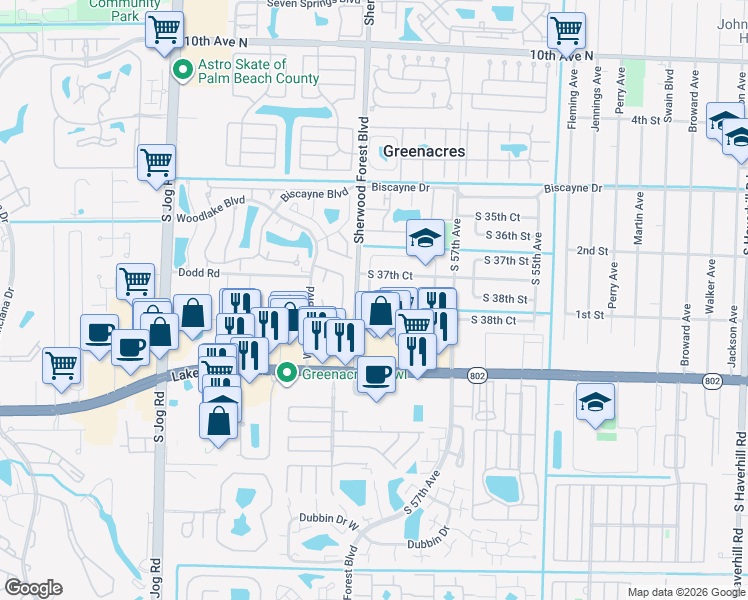 map of restaurants, bars, coffee shops, grocery stores, and more near 5884 South 38th Street in Greenacres