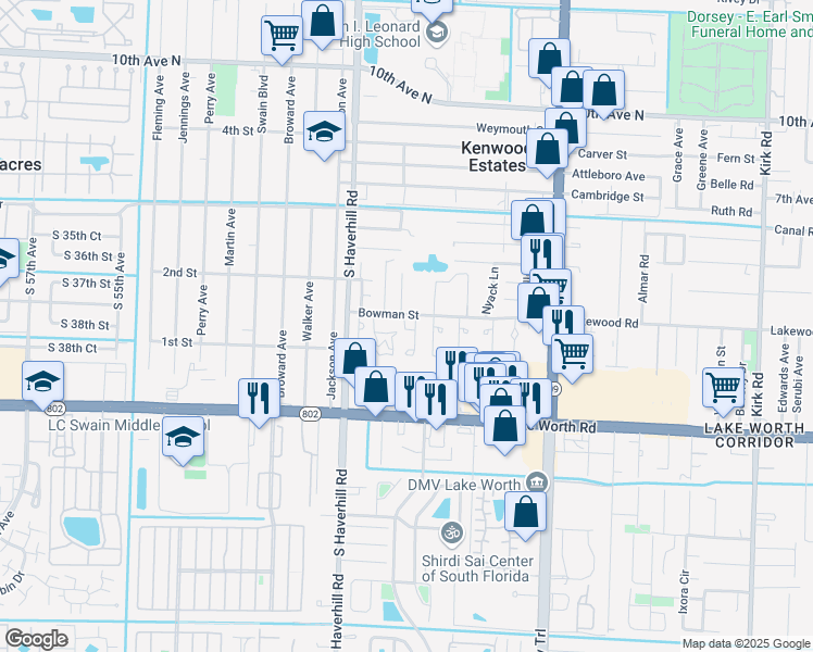 map of restaurants, bars, coffee shops, grocery stores, and more near 4844 Bowman Street in Greenacres