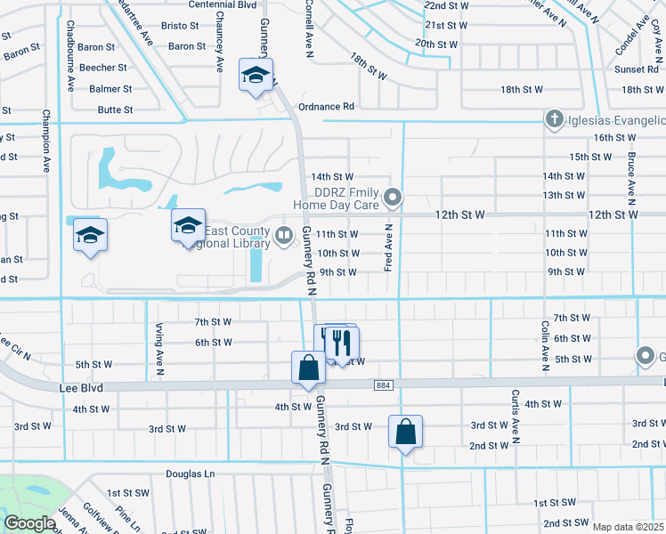 map of restaurants, bars, coffee shops, grocery stores, and more near 4318 9th Street West in Lehigh Acres