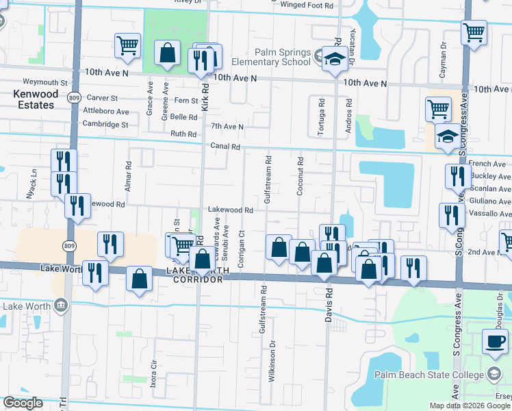 map of restaurants, bars, coffee shops, grocery stores, and more near 3797 Lakewood Road in Lake Worth