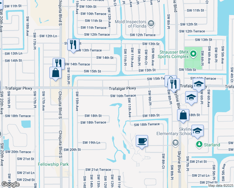 map of restaurants, bars, coffee shops, grocery stores, and more near 1123 Southwest 16th Terrace in Cape Coral