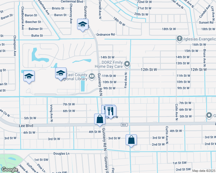 map of restaurants, bars, coffee shops, grocery stores, and more near 4318 9th Street West in Lehigh Acres