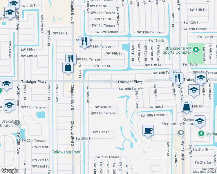 map of restaurants, bars, coffee shops, grocery stores, and more near 1225 Southwest 16th Terrace in Cape Coral