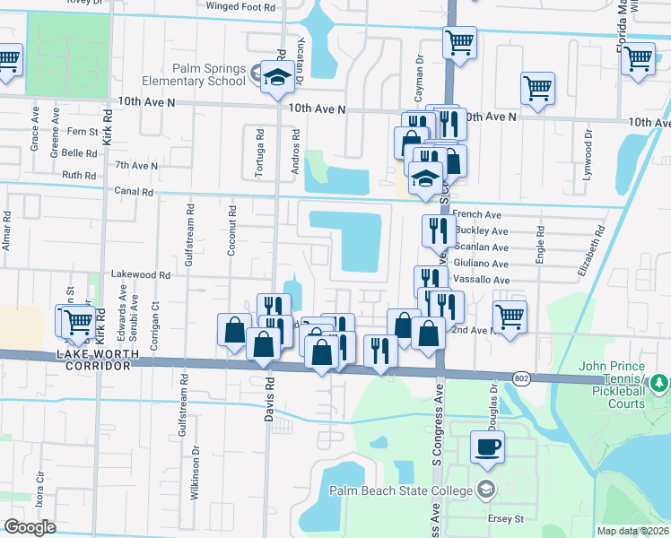 map of restaurants, bars, coffee shops, grocery stores, and more near 4803 Waterview Circle in Palm Springs