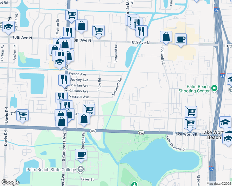 map of restaurants, bars, coffee shops, grocery stores, and more near 210 Elizabeth Road in Lake Worth
