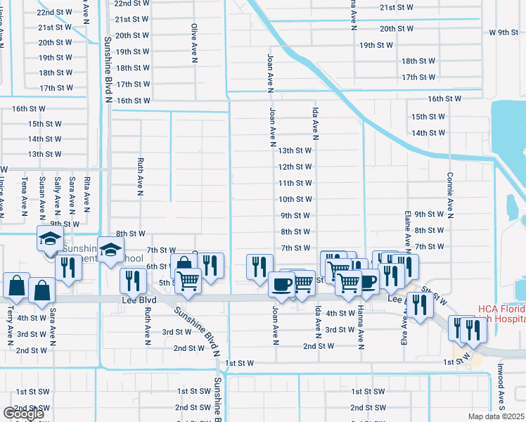 map of restaurants, bars, coffee shops, grocery stores, and more near 3004 9th Street West in Lehigh Acres