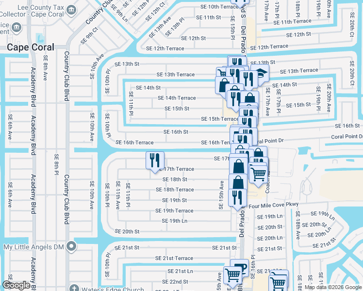 map of restaurants, bars, coffee shops, grocery stores, and more near 1322 Southeast 16th Terrace in Cape Coral