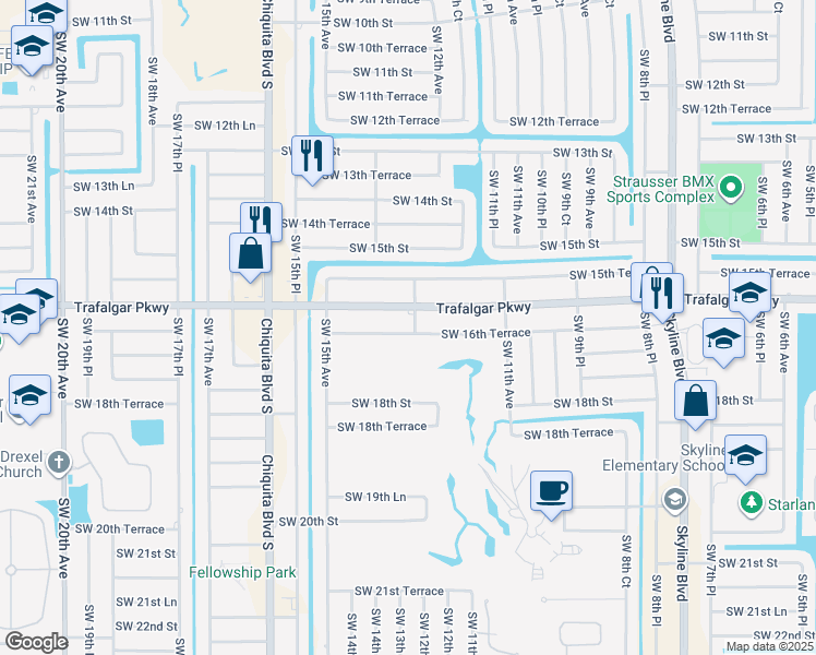 map of restaurants, bars, coffee shops, grocery stores, and more near 1225 Southwest 16th Terrace in Cape Coral