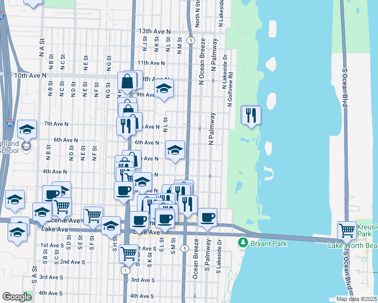 map of restaurants, bars, coffee shops, grocery stores, and more near 10 North Olive Avenue in Lake Worth