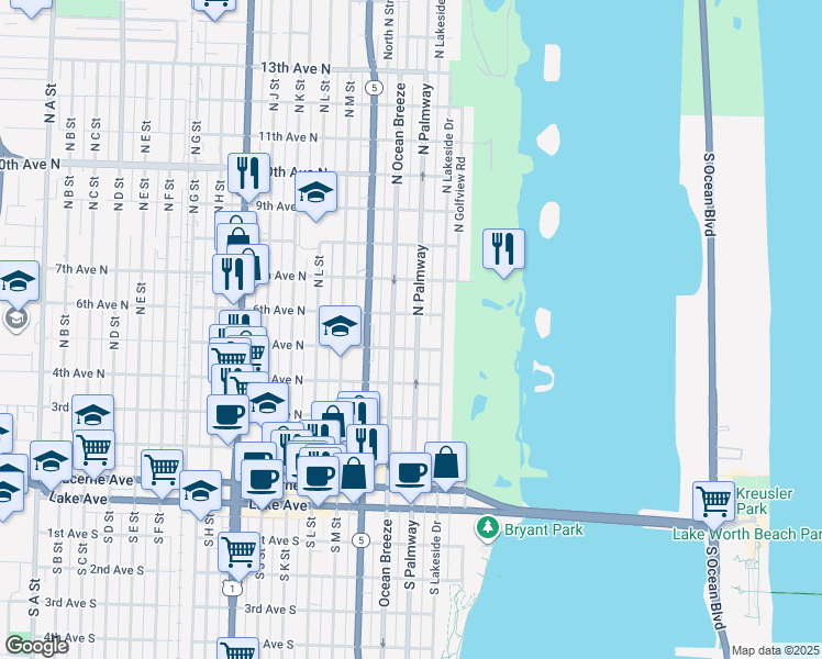 map of restaurants, bars, coffee shops, grocery stores, and more near 519 North Palmway in Lake Worth