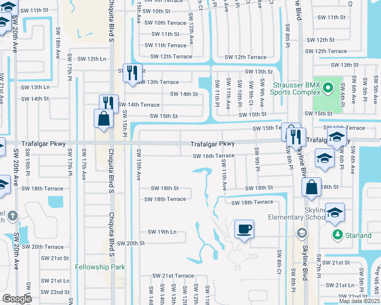 map of restaurants, bars, coffee shops, grocery stores, and more near 1203 Southwest 16th Terrace in Cape Coral
