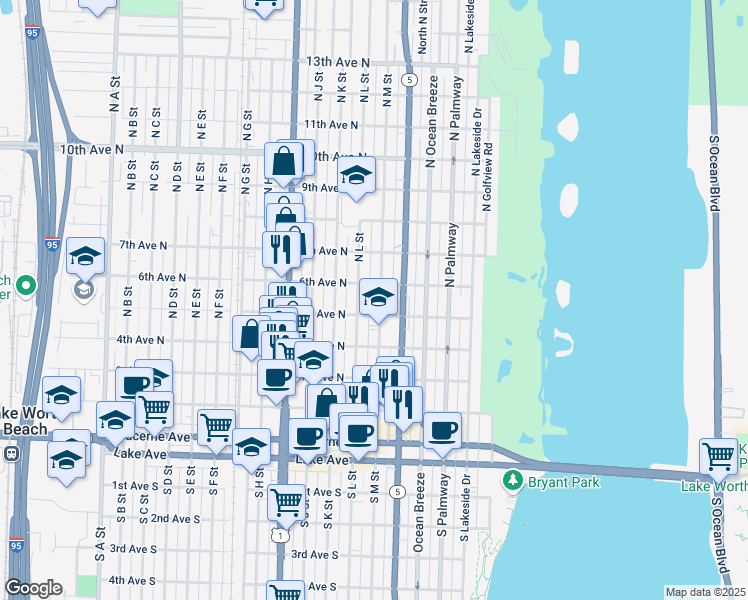 map of restaurants, bars, coffee shops, grocery stores, and more near 517 North M Street in Lake Worth