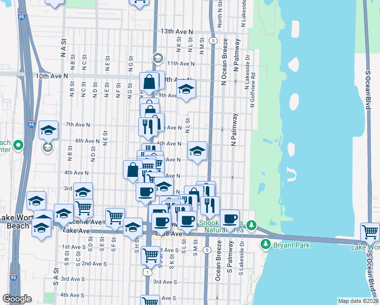 map of restaurants, bars, coffee shops, grocery stores, and more near 517 North M Street in Lake Worth