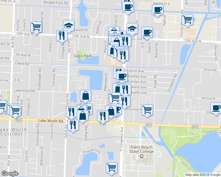 map of restaurants, bars, coffee shops, grocery stores, and more near 3686 Elizabeth Street in Palm Springs