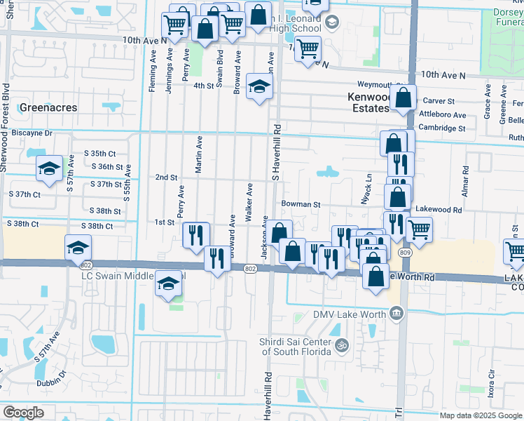map of restaurants, bars, coffee shops, grocery stores, and more near 213 Jackson Avenue in Greenacres