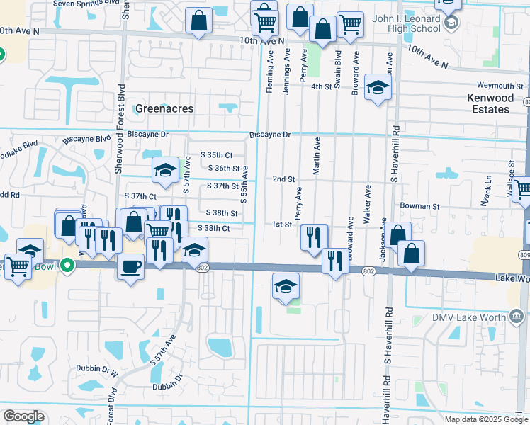 map of restaurants, bars, coffee shops, grocery stores, and more near 3810 South 55th Avenue in Greenacres