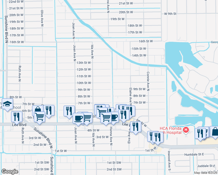 map of restaurants, bars, coffee shops, grocery stores, and more near 2800 9th Street West in Lehigh Acres