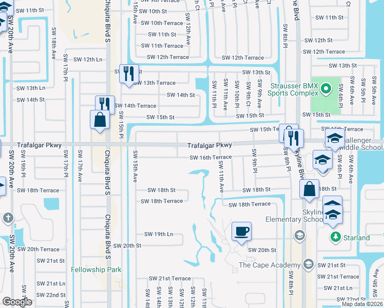 map of restaurants, bars, coffee shops, grocery stores, and more near 1203 Southwest 16th Terrace in Cape Coral