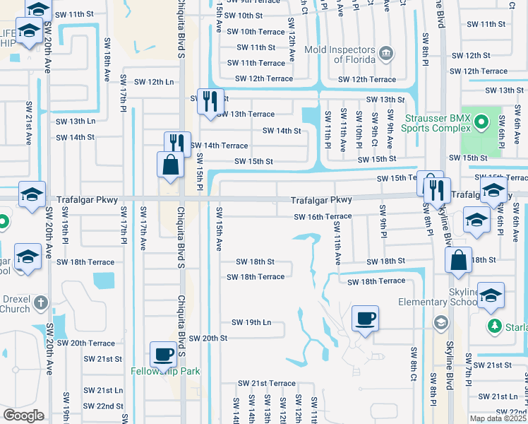 map of restaurants, bars, coffee shops, grocery stores, and more near 1225 Southwest 16th Terrace in Cape Coral