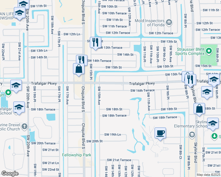 map of restaurants, bars, coffee shops, grocery stores, and more near 1321 Southwest 16th Terrace in Cape Coral
