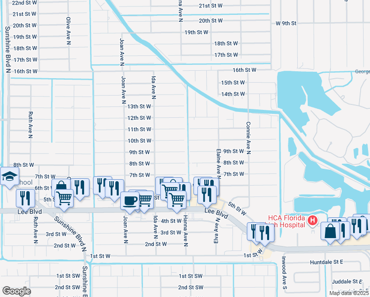 map of restaurants, bars, coffee shops, grocery stores, and more near 2800 9th Street West in Lehigh Acres