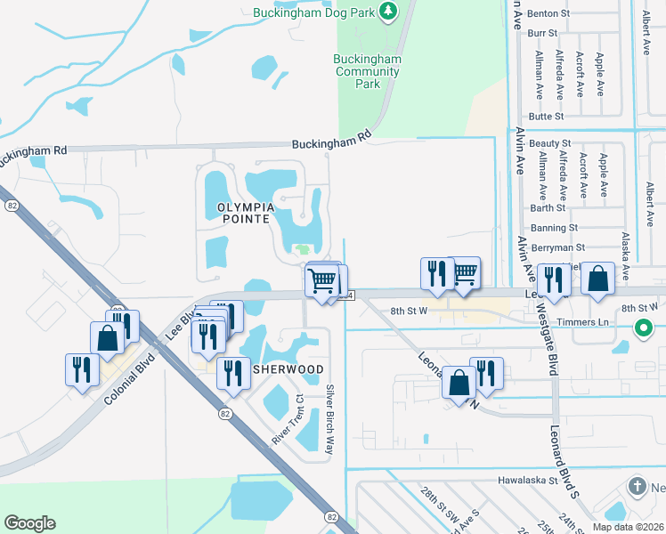 map of restaurants, bars, coffee shops, grocery stores, and more near 8531 Athena Court in Lehigh Acres