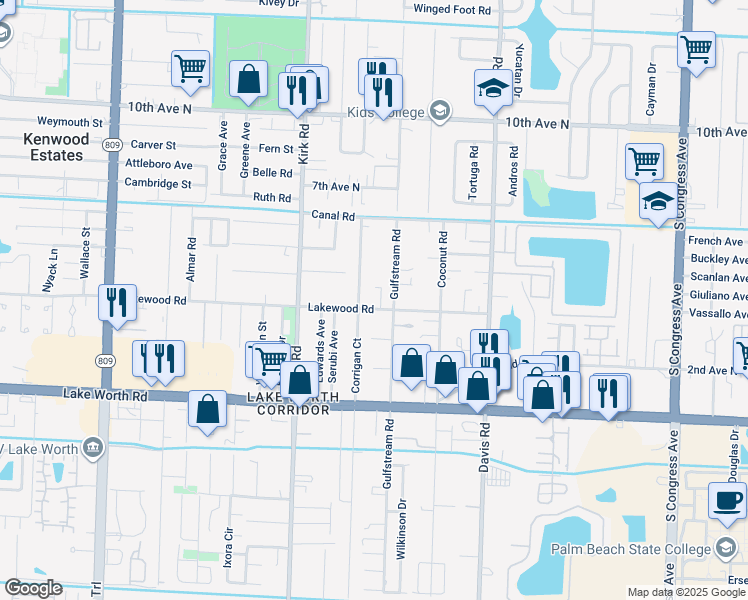 map of restaurants, bars, coffee shops, grocery stores, and more near 3801 Lakewood Road in Lake Worth