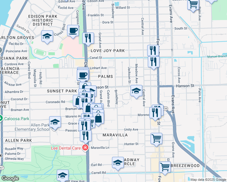map of restaurants, bars, coffee shops, grocery stores, and more near 3008 Broadway in Fort Myers