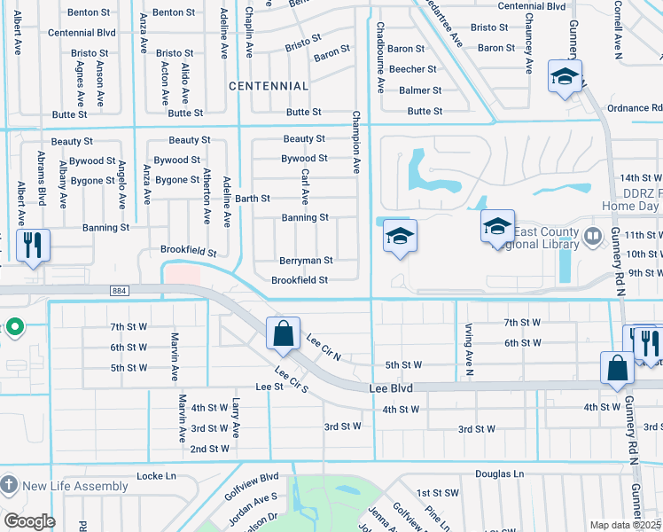 map of restaurants, bars, coffee shops, grocery stores, and more near 4909 Berryman Street in Lehigh Acres