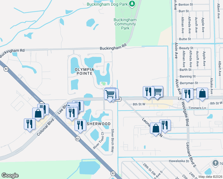 map of restaurants, bars, coffee shops, grocery stores, and more near 8535 Athena Court in Lehigh Acres