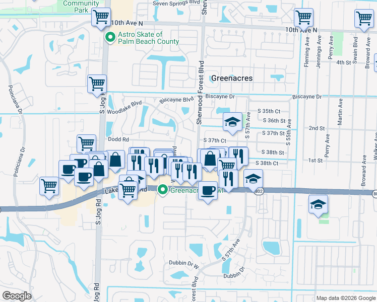map of restaurants, bars, coffee shops, grocery stores, and more near 6138 Elsinore Circle in Greenacres
