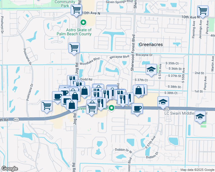 map of restaurants, bars, coffee shops, grocery stores, and more near 6240 Dodd Road in Greenacres