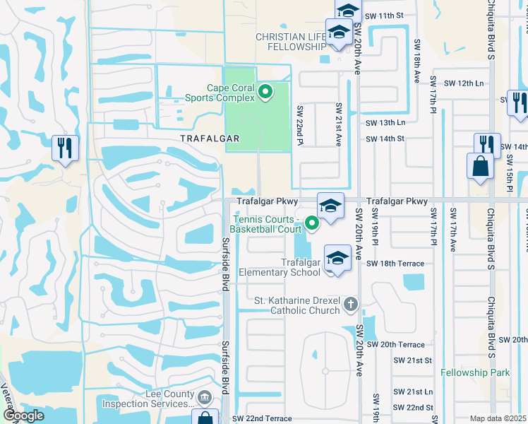 map of restaurants, bars, coffee shops, grocery stores, and more near 2319 Southwest 16th Terrace in Cape Coral
